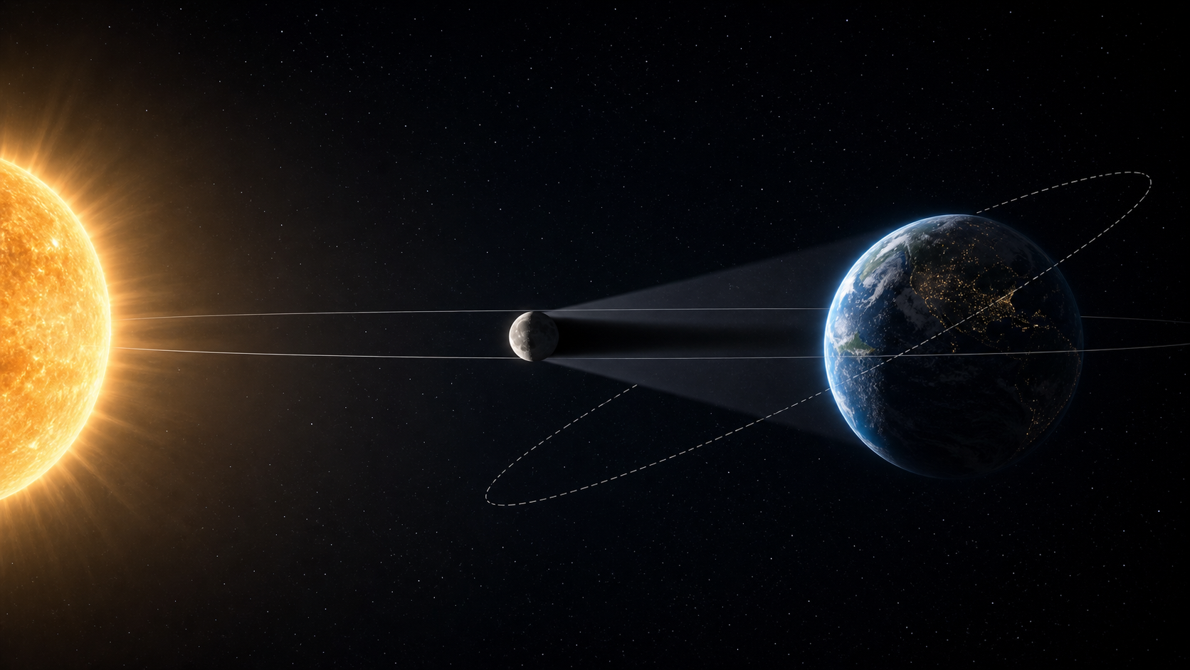 Sol, Luna y Tierra alineados con cono de sombra y órbita lunar inclinada