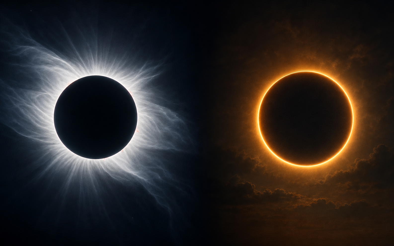 Representación de eclipse solar híbrido entre totalidad y anularidad